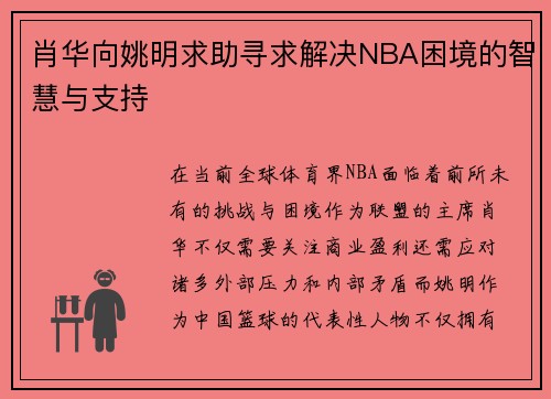 肖华向姚明求助寻求解决NBA困境的智慧与支持