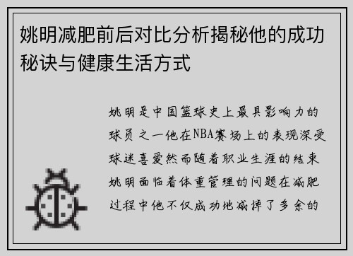 姚明减肥前后对比分析揭秘他的成功秘诀与健康生活方式